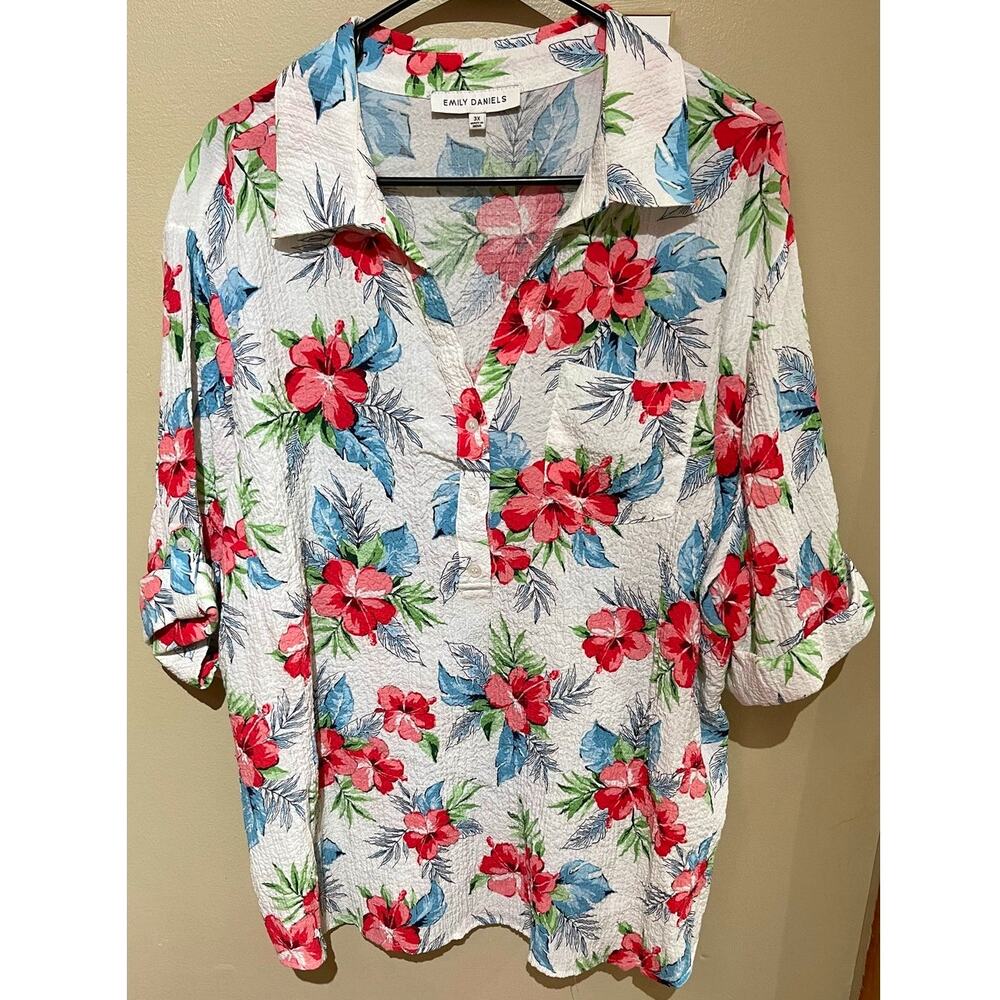 Emily Daniels Textured Multicolor Floral Collared Blouse 3/4 sleeve size 3x